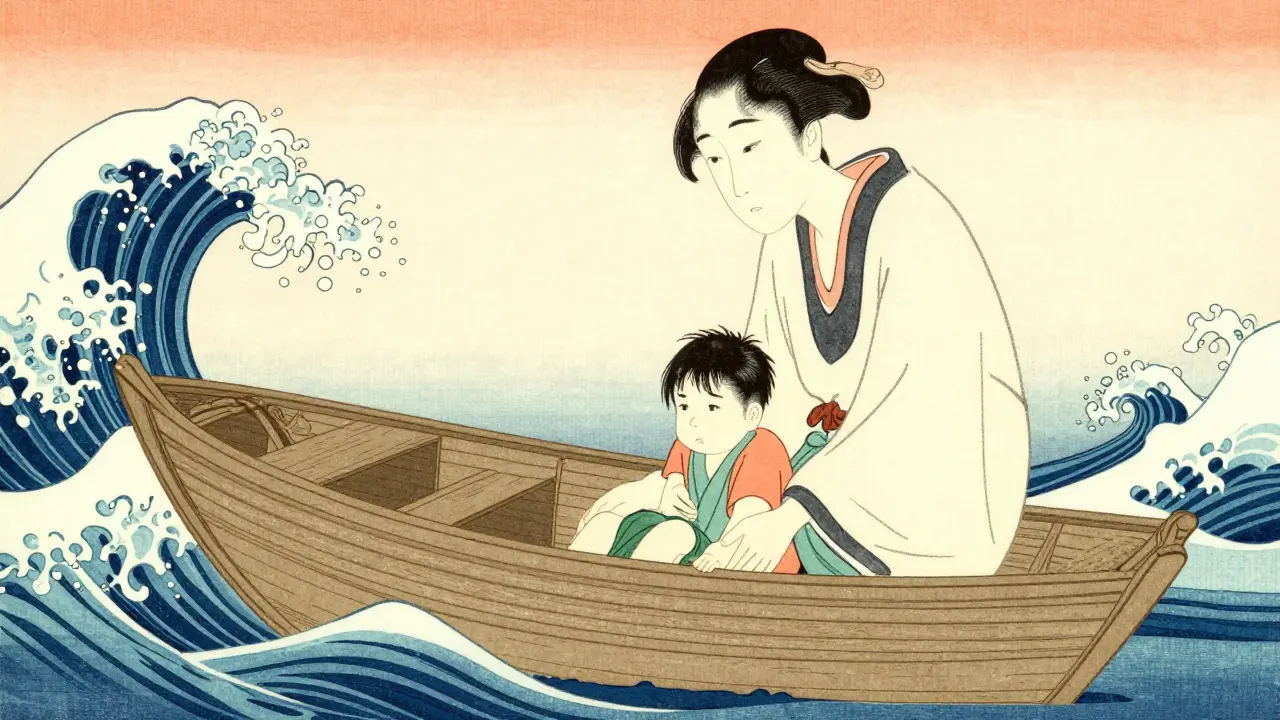 Rodič kotva pro dítě mezi emocemi, styl ukiyo-e