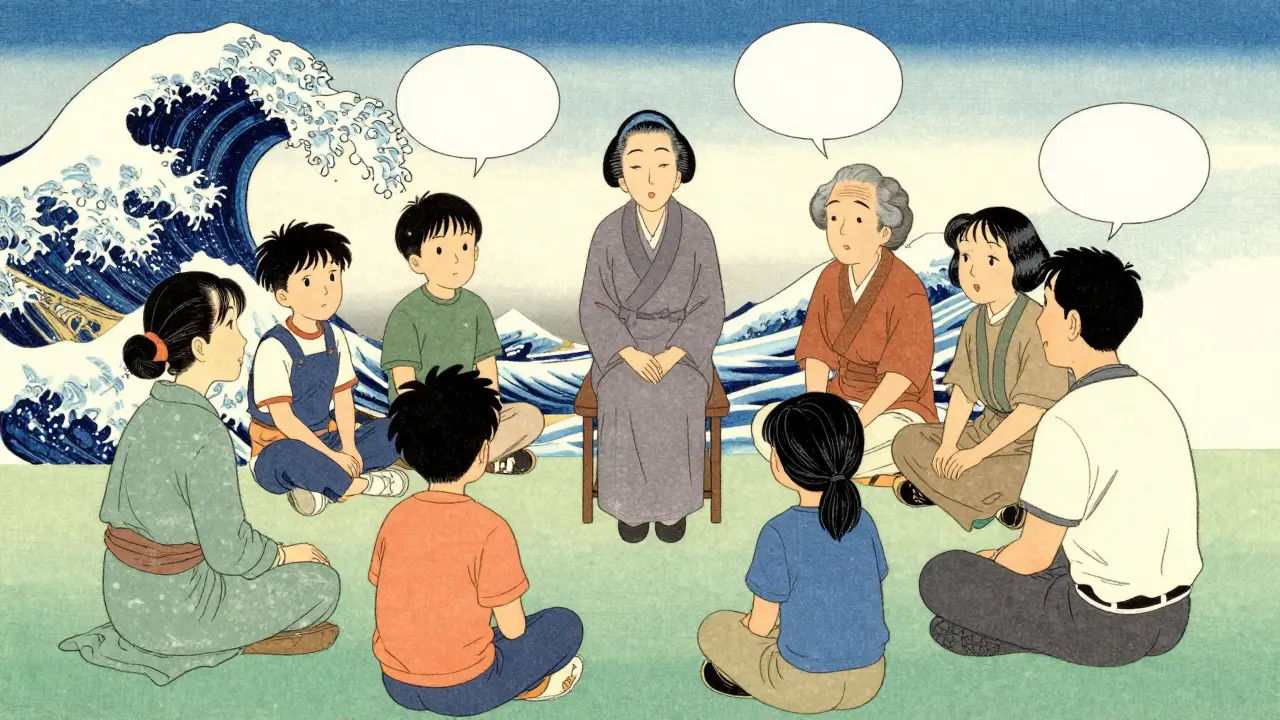 Rodinná terapie v kruhu ve stylu japonské ilustrace