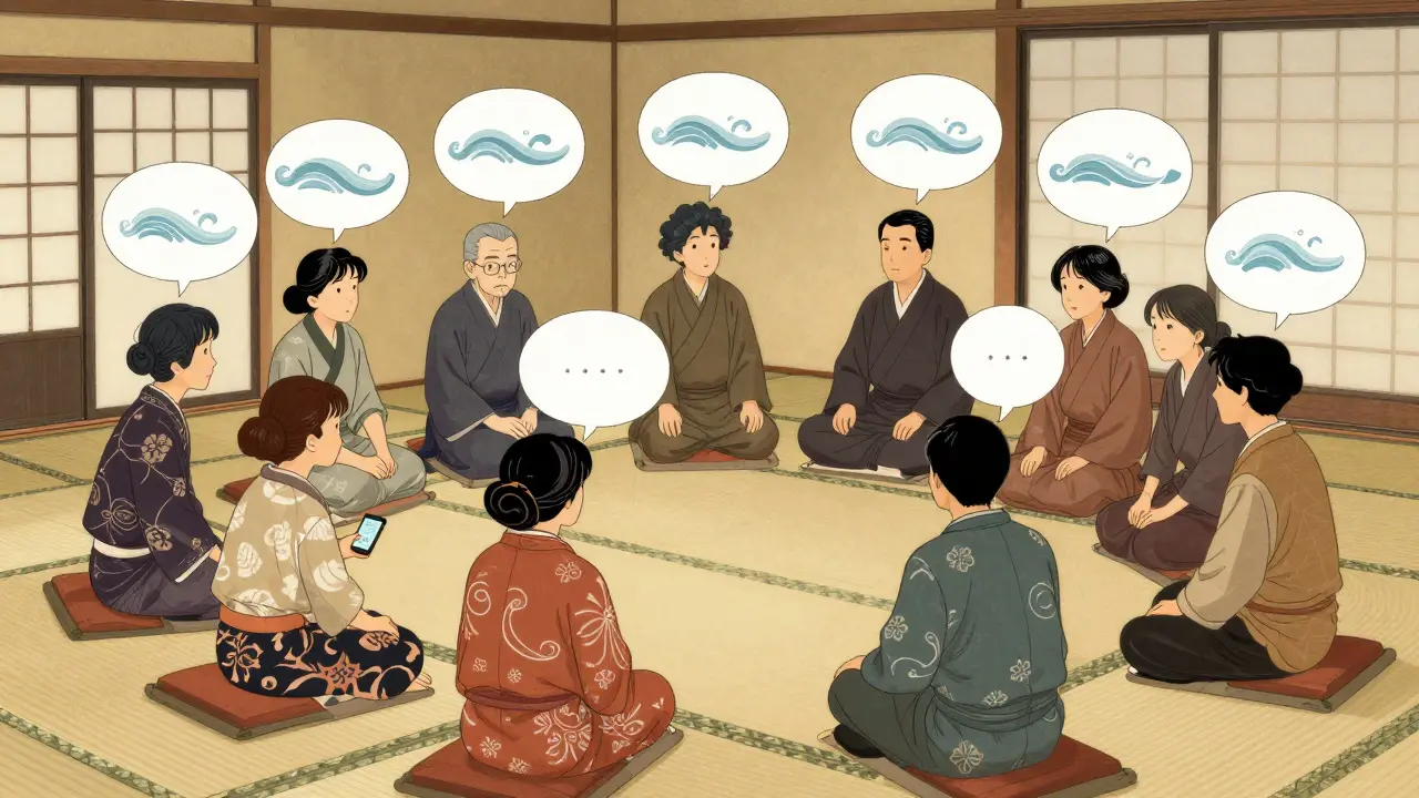 Skupina lidí v kruhu sdílejících příběhy v tradičním japonském interiéru