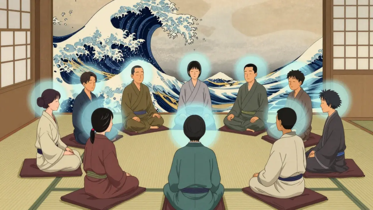 Skupinová meditace v japonském stylu, symbolizující klid a emoční regulaci při terapii