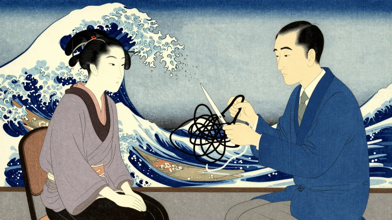 Terapeut rozeznává zamotané nitky magického myšlení ve stylu japonské grafiky