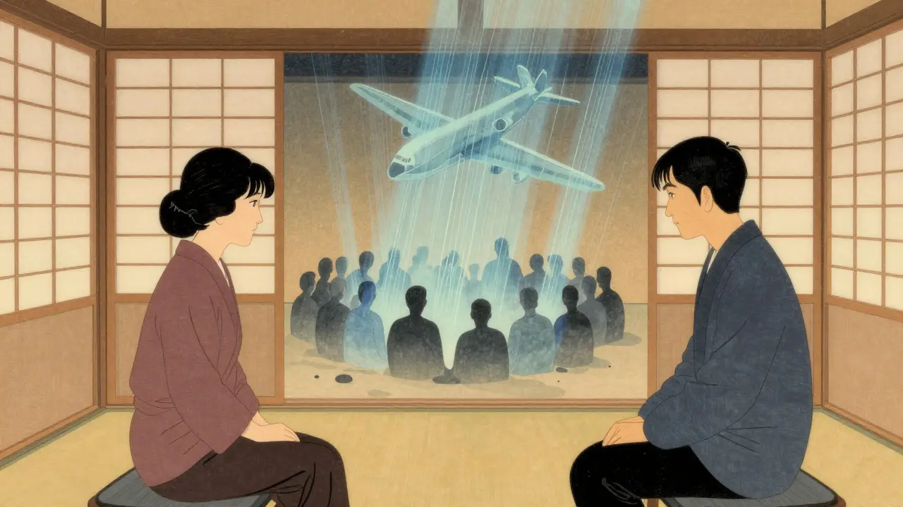 Terapeutická scéna s rozpínajícím se strachem ve stylu ukiyo-e