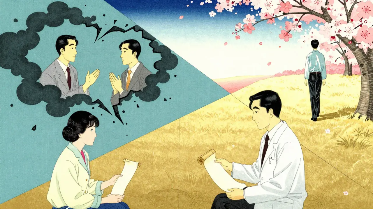 Tři fáze interpersonální terapie zobrazené jako cesta k uzdravení vztahů v stylu ukiyo-e