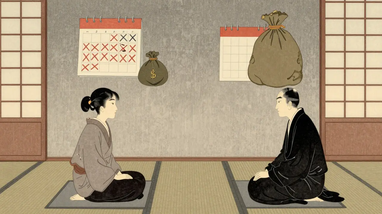 Ilustrace srovnávající cenu a čas při výběru psychoterapeuta v Japonském stylu.