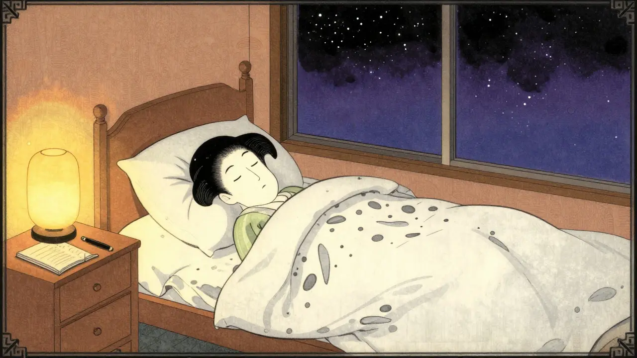 Ilustrace v stylu Ukiyo-e: uklidňující ložnice a hygiena spánku pro lepší odpočinek
