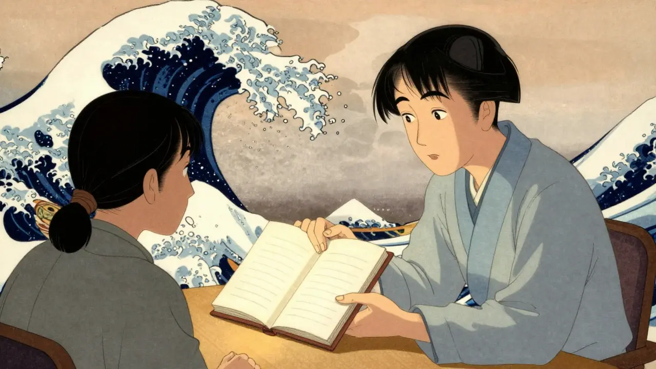 Ilustrace ve stylu Ukiyo-e zobrazující klidné terapeutické sezení a vedení deníku pro sebemonitorování.