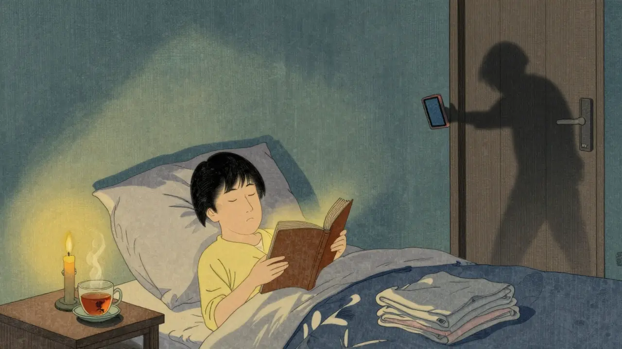 Klidná ložnice s dítětem čtoucím knihu, bez elektroniky, styl ukiyo-e