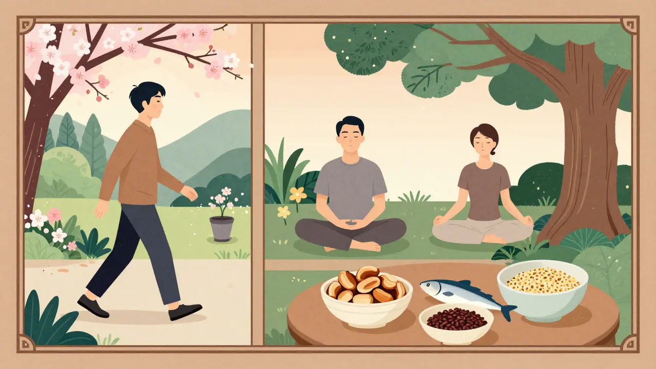 Kresba meditace, pohybu a zdravé stravy pro duševní zdraví