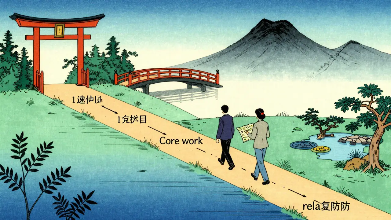 Kresba ve stylu Ukiyo-e ukazující strukturovanou cestu léčby CBT-E rozdělenou do čtyř fází s terapeutem.