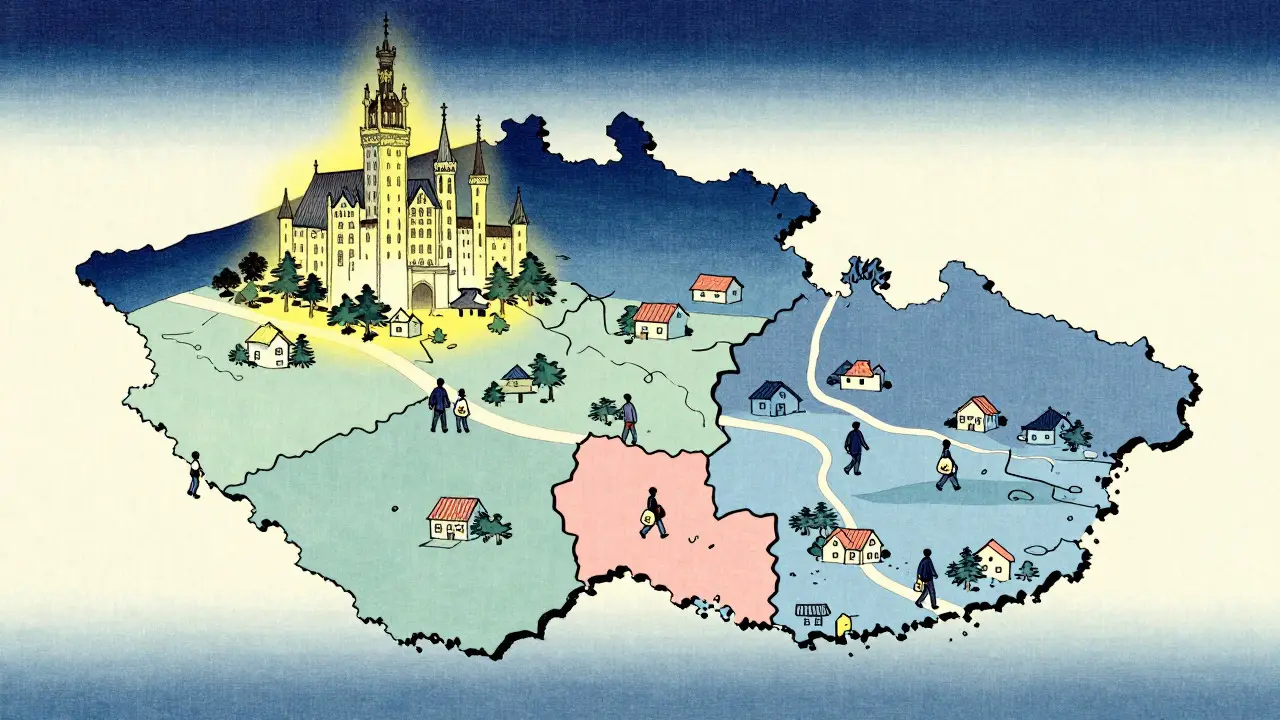 Mapa ČR ve stylu ukiyo-e ukazující rozdíly v cenách mezi Prahou a menšími městy