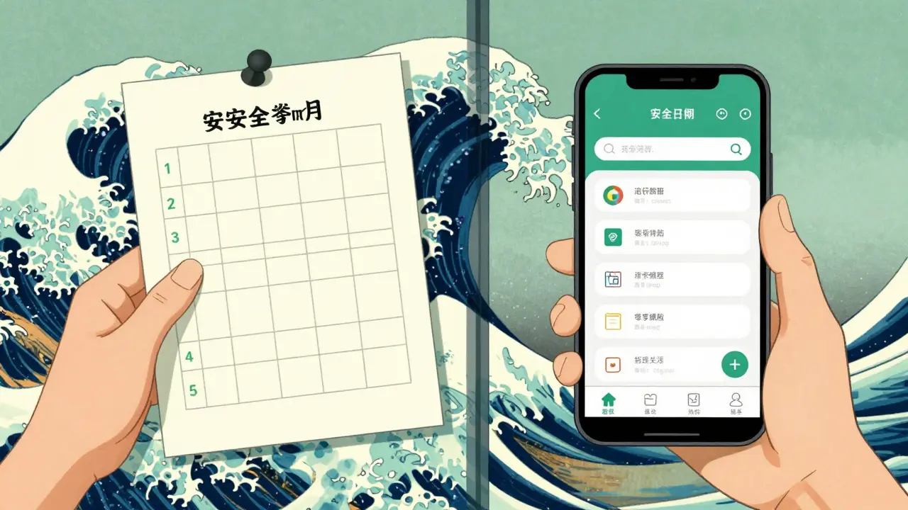 Porovnání papírového plánu a mobilní aplikace ve stylu ukiyo-e
