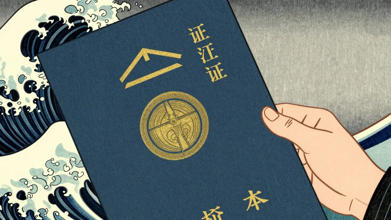 Ruka drží certifikát s vlnitým pozadím ve stylu ukiyo-e