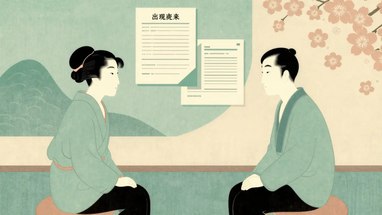 Stylizovaná scence terapie s terapeutem a klientem v prostředí připomínajícím japonské dřevoryt