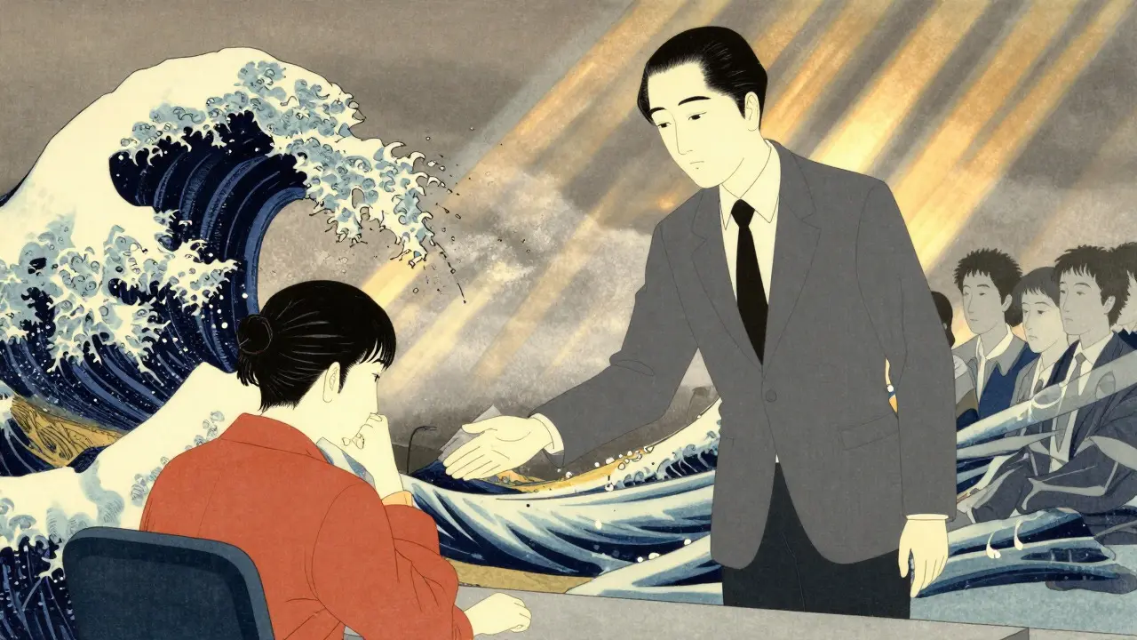 Manažer podporuje zaměstnance v klidném prostředí ve stylu ukiyo-e