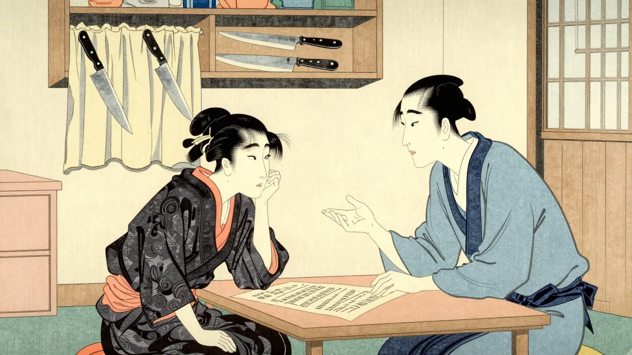 Rodina společně řeší bezpečnost v domácnosti, ilustrace ukiyo-e