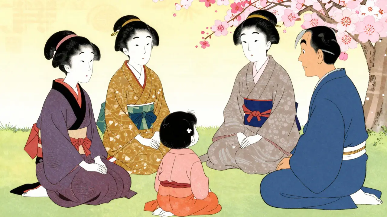 Rodinná terapie s terapeutem zobrazená jako ilustrace ve stylu Ukiyo-e