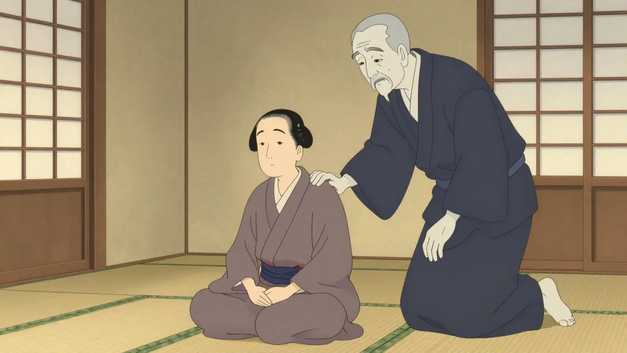 Terapeut pod dohledem supervizora v klidné místnosti, symbolizující odbornost a pokoru v stylu ukiyo-e.
