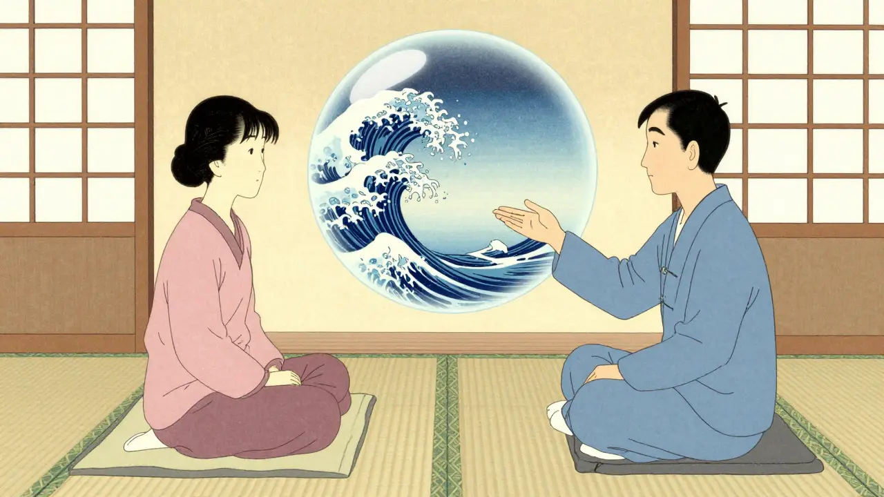 Terapeutická scéna v japonském stylu s bublinou uklidňující emoční bouři