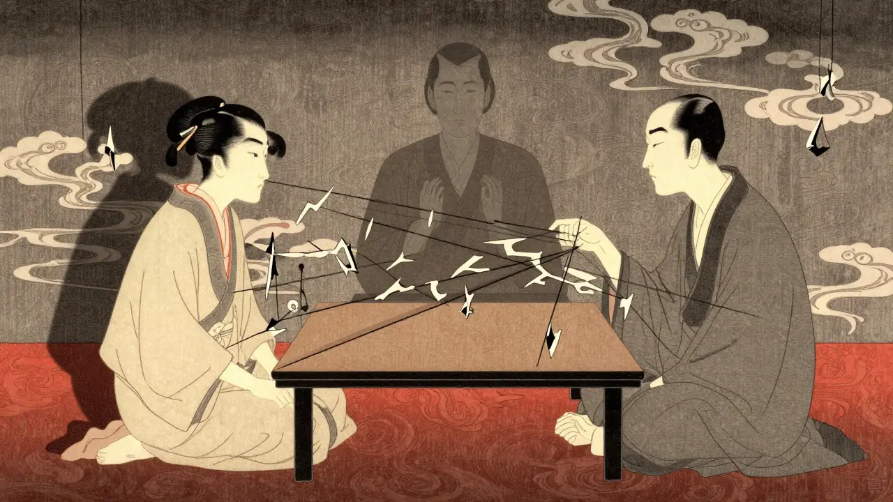 Ukiyo-e kresba: pár na terapii oddělený neviditelnými bariérami a manipulativními nitmi.