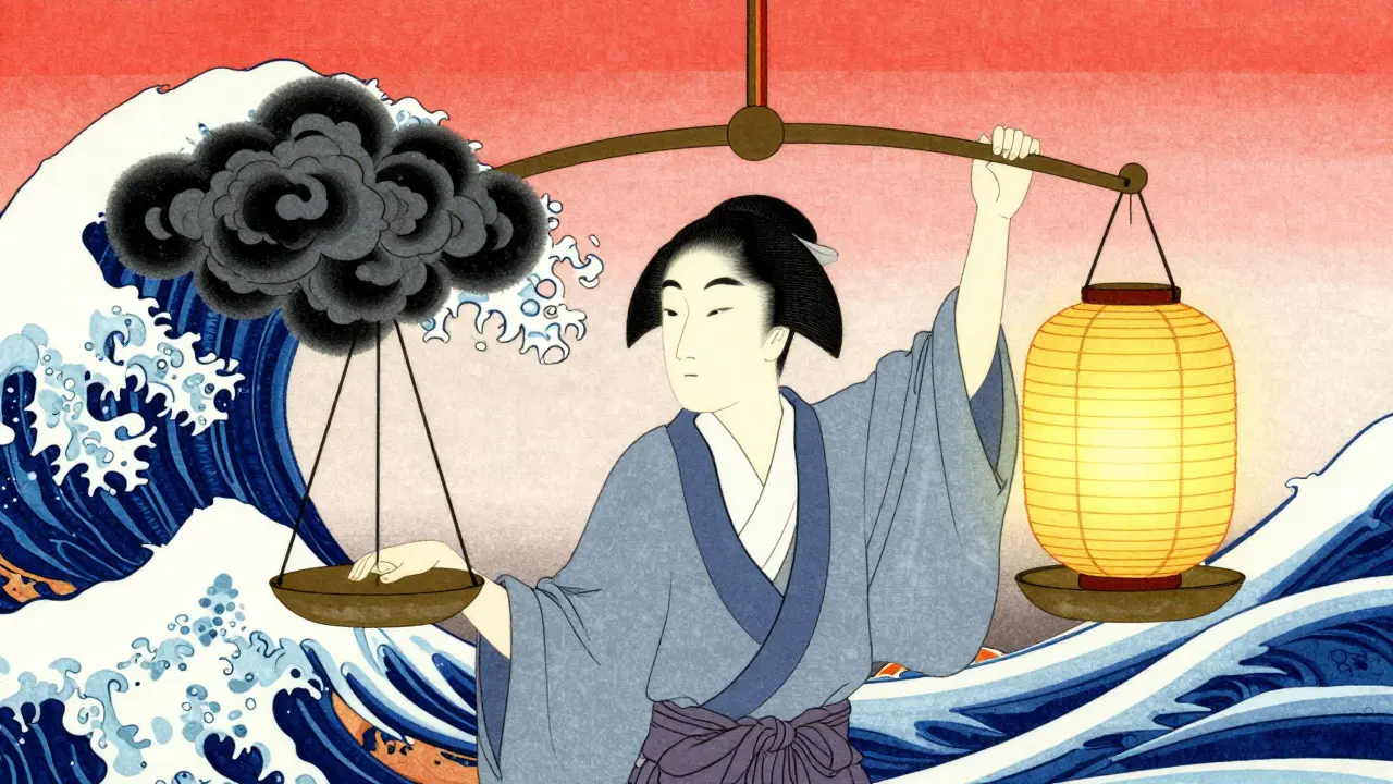 Váhy vyvažující temnou mrak a světlo, japonský styl