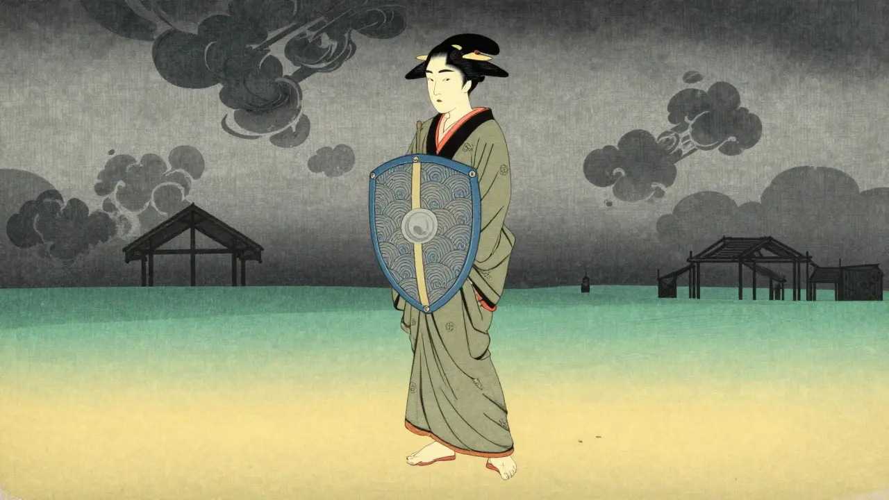 Žena s štítem z japonských vzorů stojí pevně, za ní bouřka, před ní klid a bezpečí.