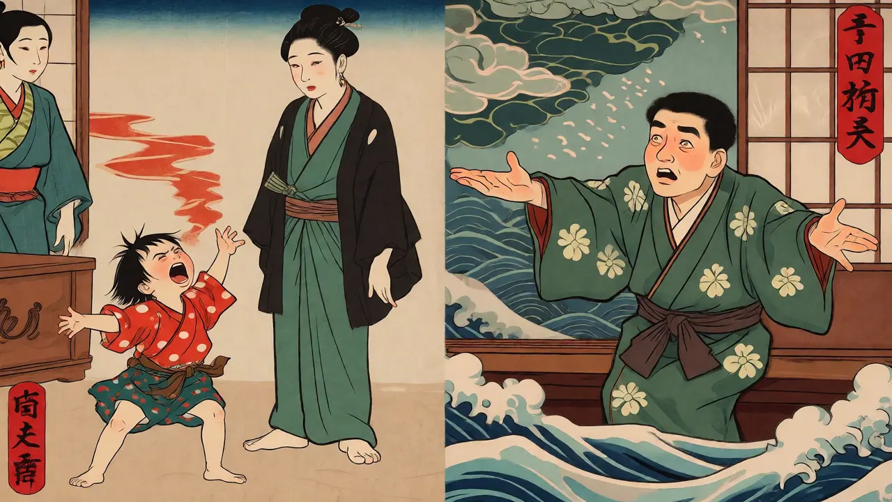 Child throwing tantrum and adult seeking attention linked by traditional wave patterns.
