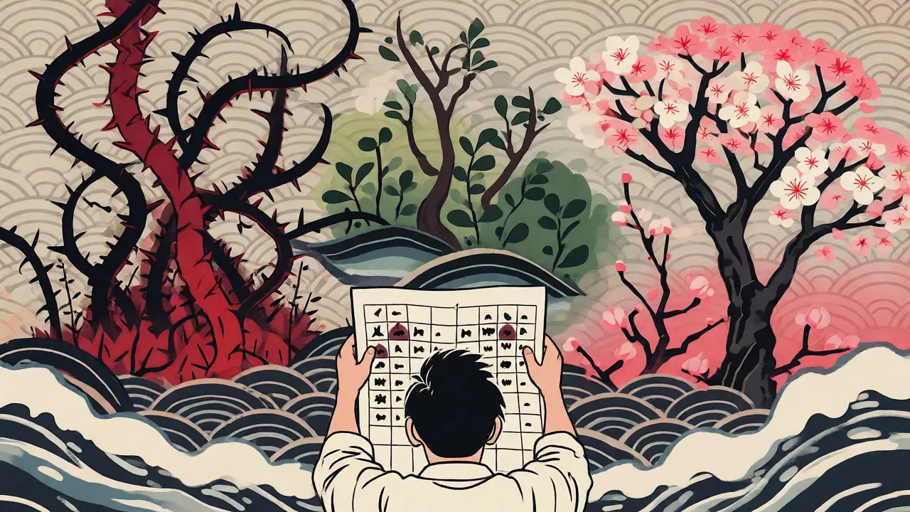 Kresba ve stylu ukiyo-e třídící vztahy do kategorií rizika a podpory jako zahradničení.