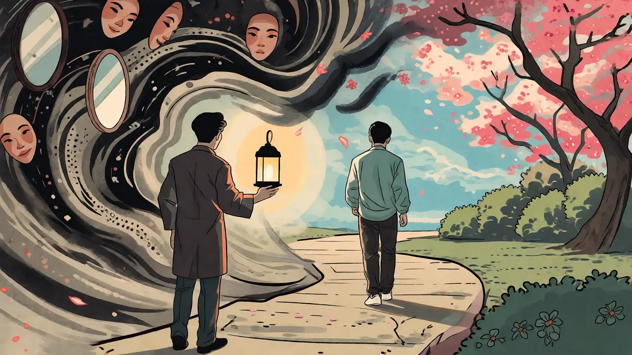 Patient walking from chaotic masks to calm garden guided by therapist in Ukiyo-e art.
