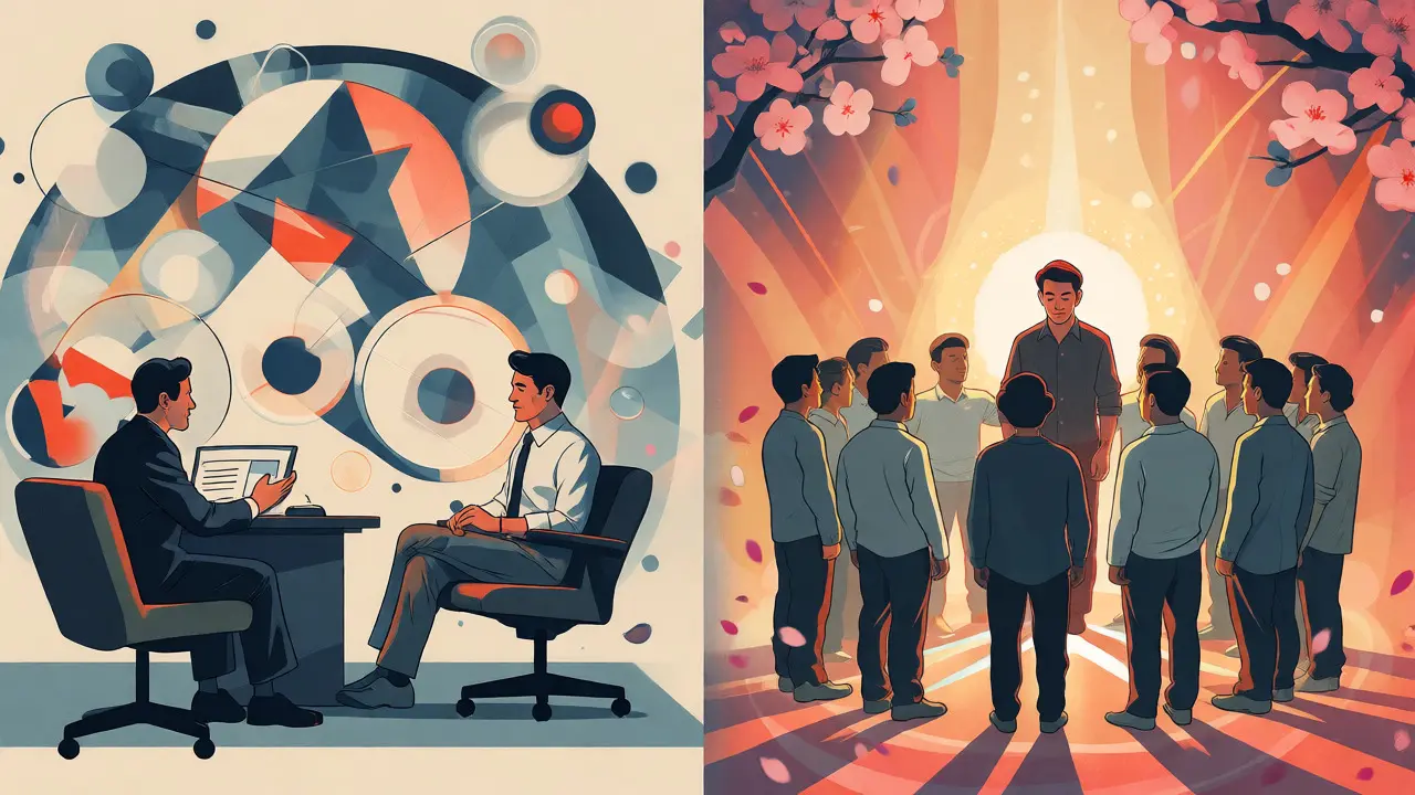 Rozdělená scéna znázorňující propojení terapie a podpory komunity, ilustrace.