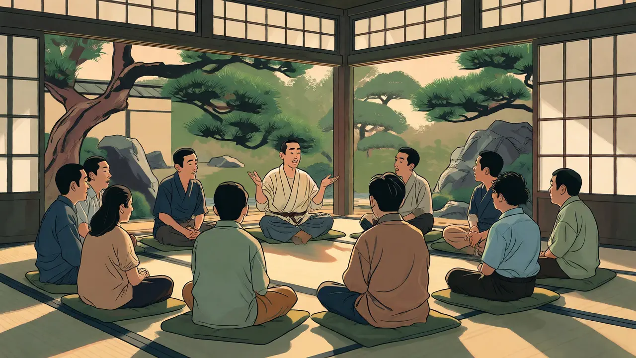 Skupinová terapie na tatami podložkách s výhledem do klidné zahrady.