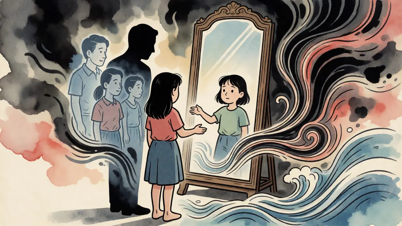 Surrealistická ilustrace přenosu s odrazem dětství v zrcadle před terapeutem.