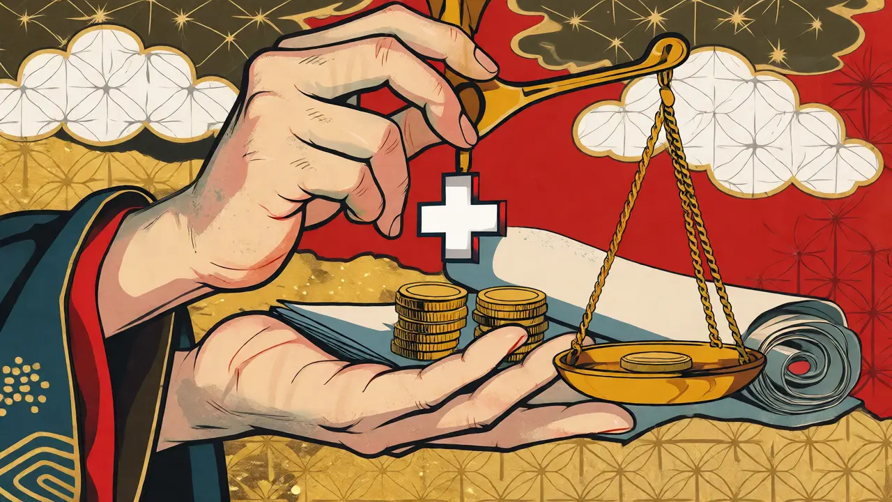 Zlaté váhy držící lékařský kříž a mince, ilustrace úhrad z pojištění.