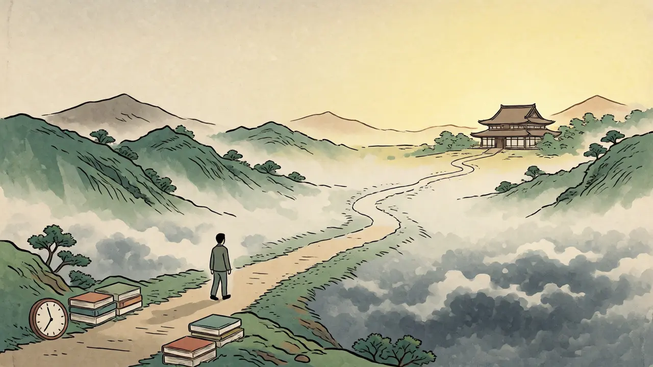 Cesta k uzdravení ve stylu ukiyo-e, kde mlha ustupuje slunci na pozadí hor a strukturovaného prostředí.