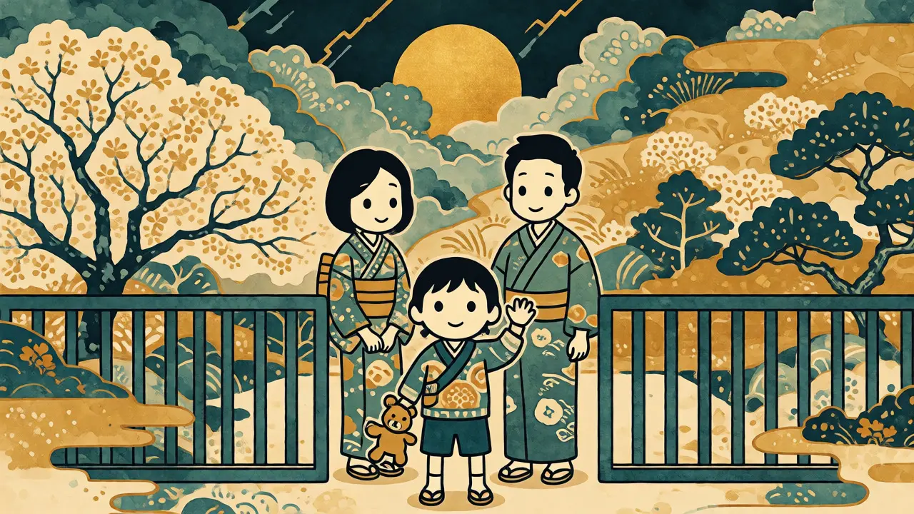 Dítě mává na rodiče před školou, drží plyšáka, klidná scéna ve stylu ukijo-e.