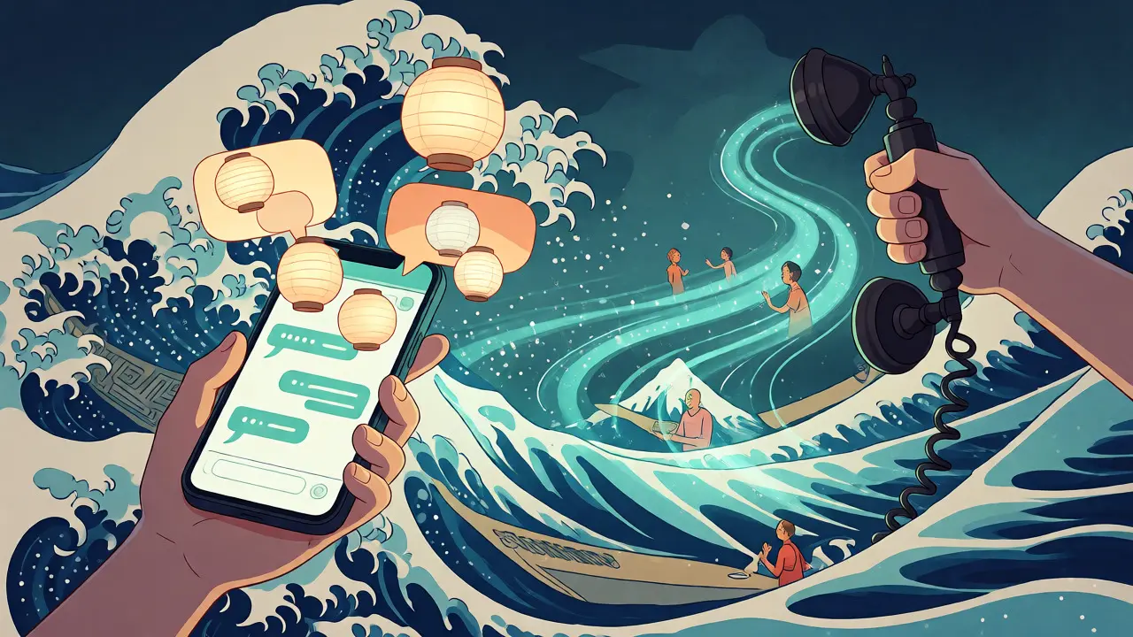Ilustrace propojující chat a telefonní hovor přes vlny dat