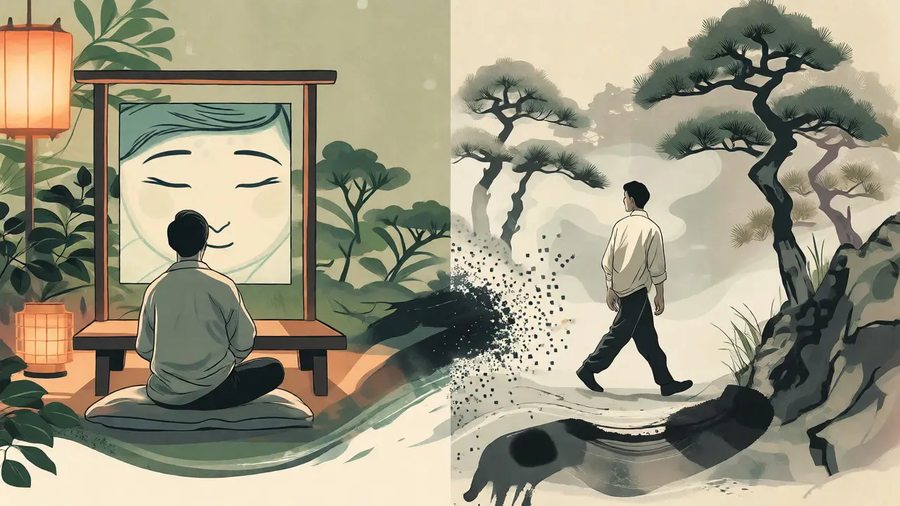 Ilustrace srovnávající online a osobní psychoterapii