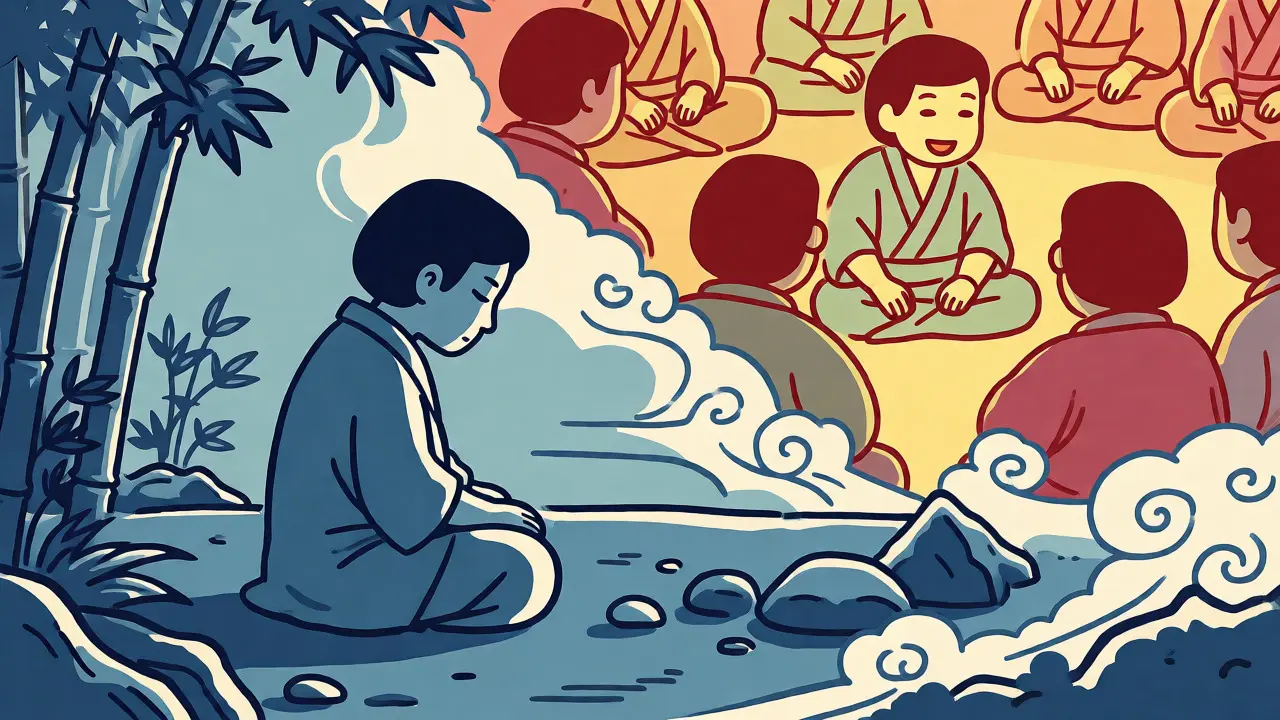 Ilustrace ve stylu ukiyo-e: kontrast mezi individuální meditací a podporou ve skupině.