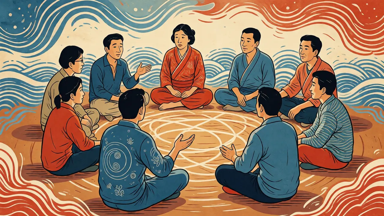 Ilustrace ve stylu ukiyo-e: osm lidí v kruhu aktivně komunikuje během terapeutické sezení.