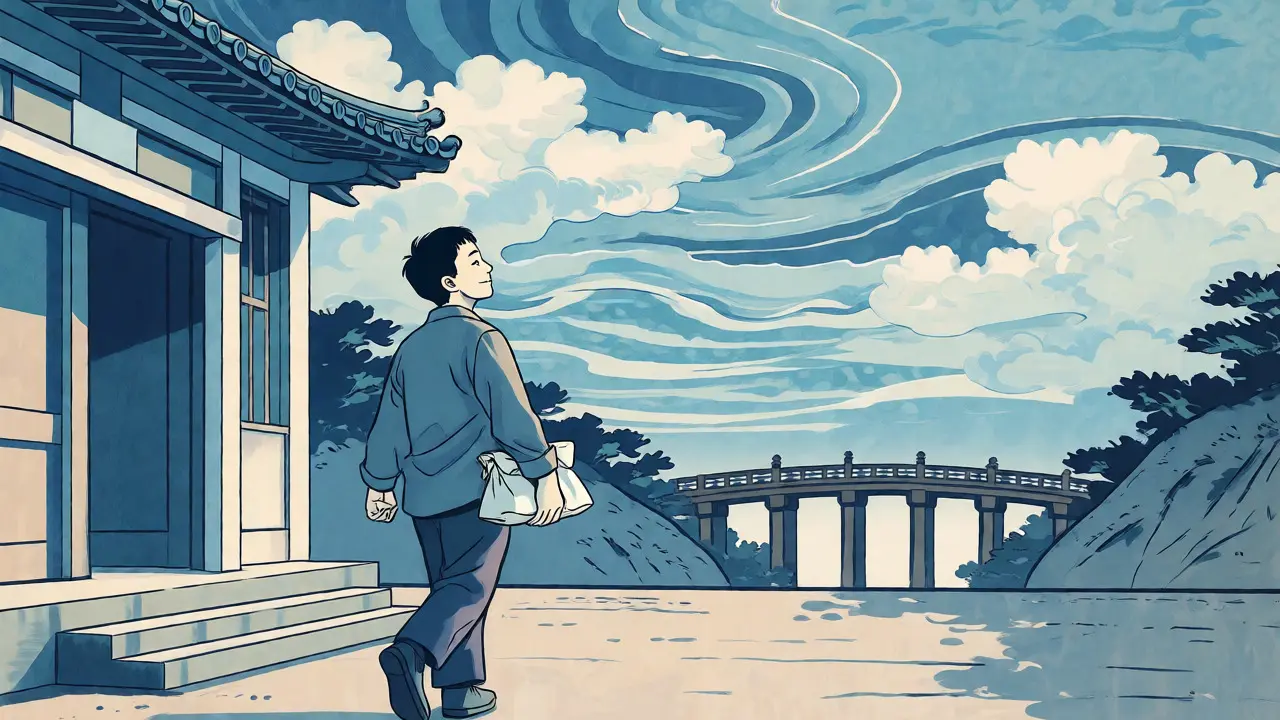 Klient odchází z terapie s úlevou a jasnou dohodou, styl ukiyo-e.