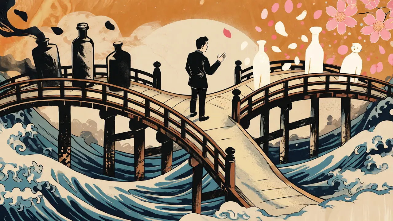 Postava na mostě nad řekou symbolizující volbu mezi závislostí a zdravím v ukiyo-e stylu