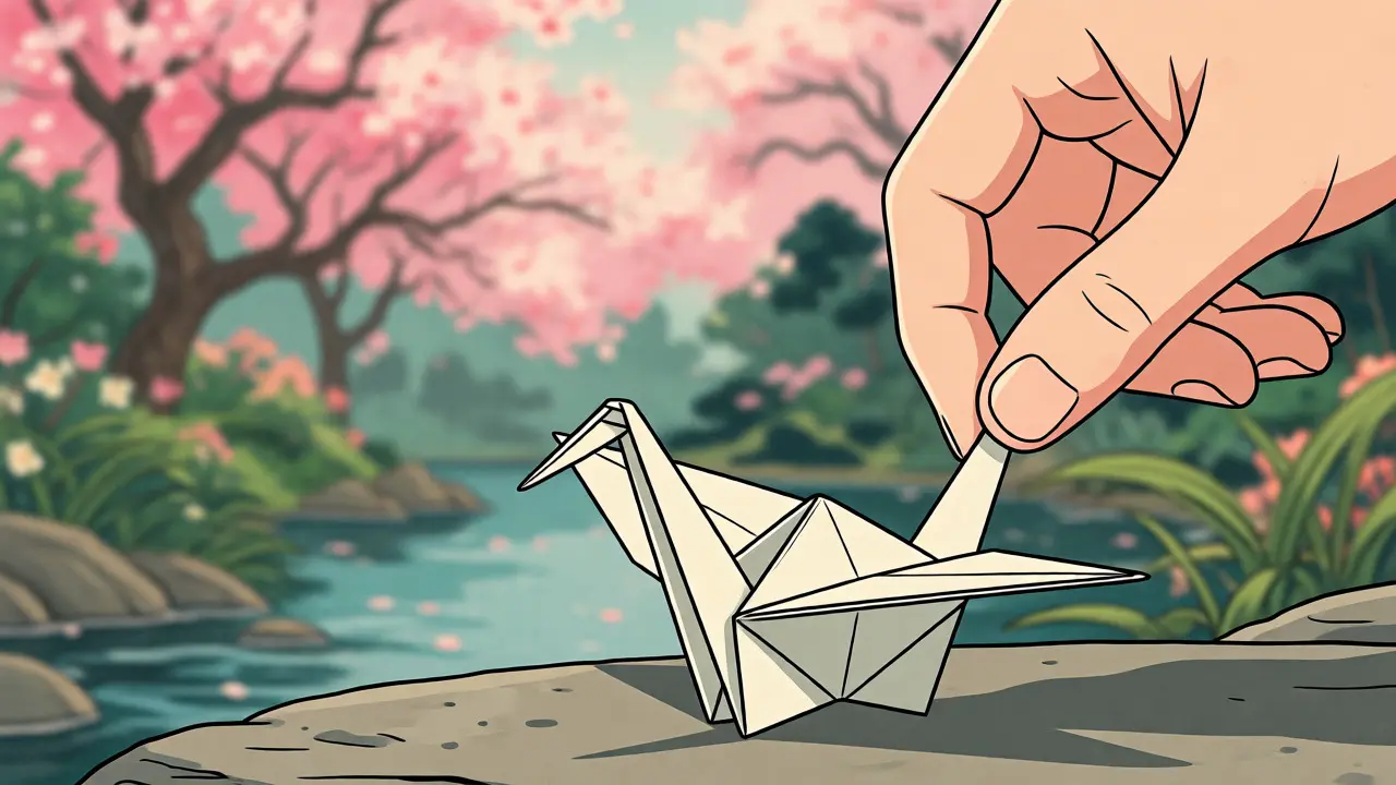 Ruka pokládající origami jeřába na kámen u klidného rybníka