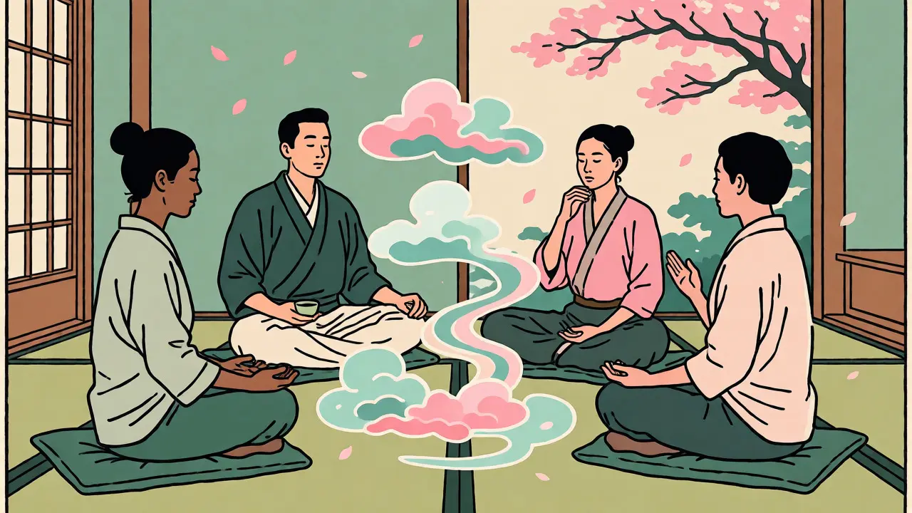 Skupina lidí praktikuje mindfulness v kruhu, reprezentující klid a rovnováhu.