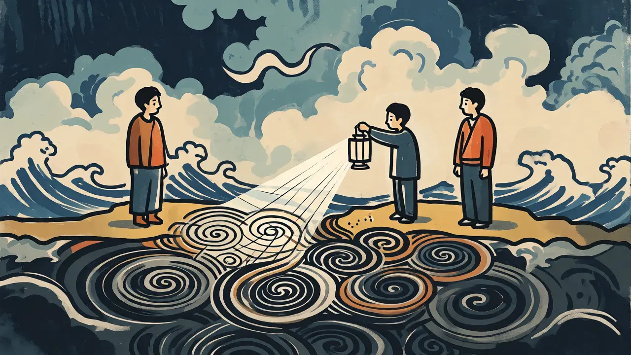 Terapeut jako most mezi partnery s různými komunikačními kódy v ilustraci inspirované japonským dřevorytem.
