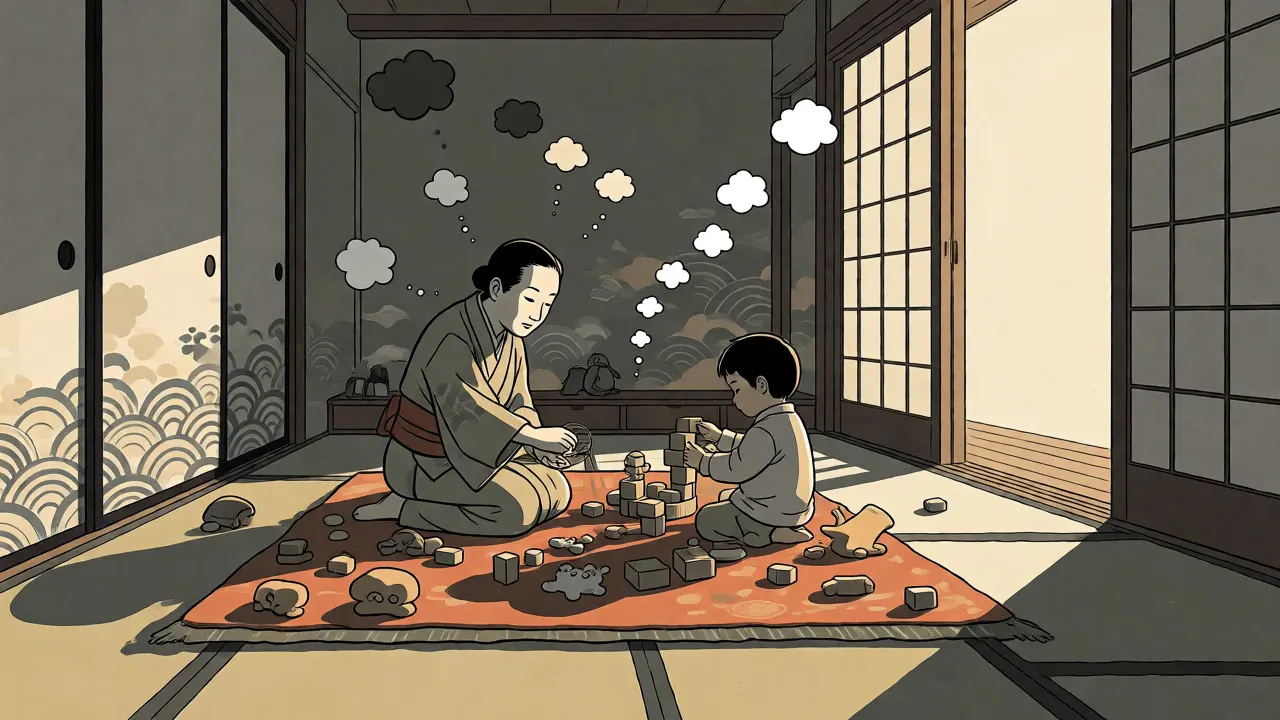 Terapeutická hra s kostkami mezi terapeutem a dítětem, stylizovaná ilustrace.