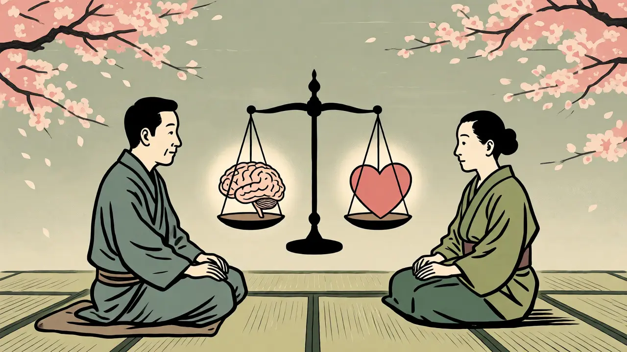 Terapeutická scéna ve stylu ukiyo-e s vyváženou symbolem mozku a srdce pro integrovanou terapii.