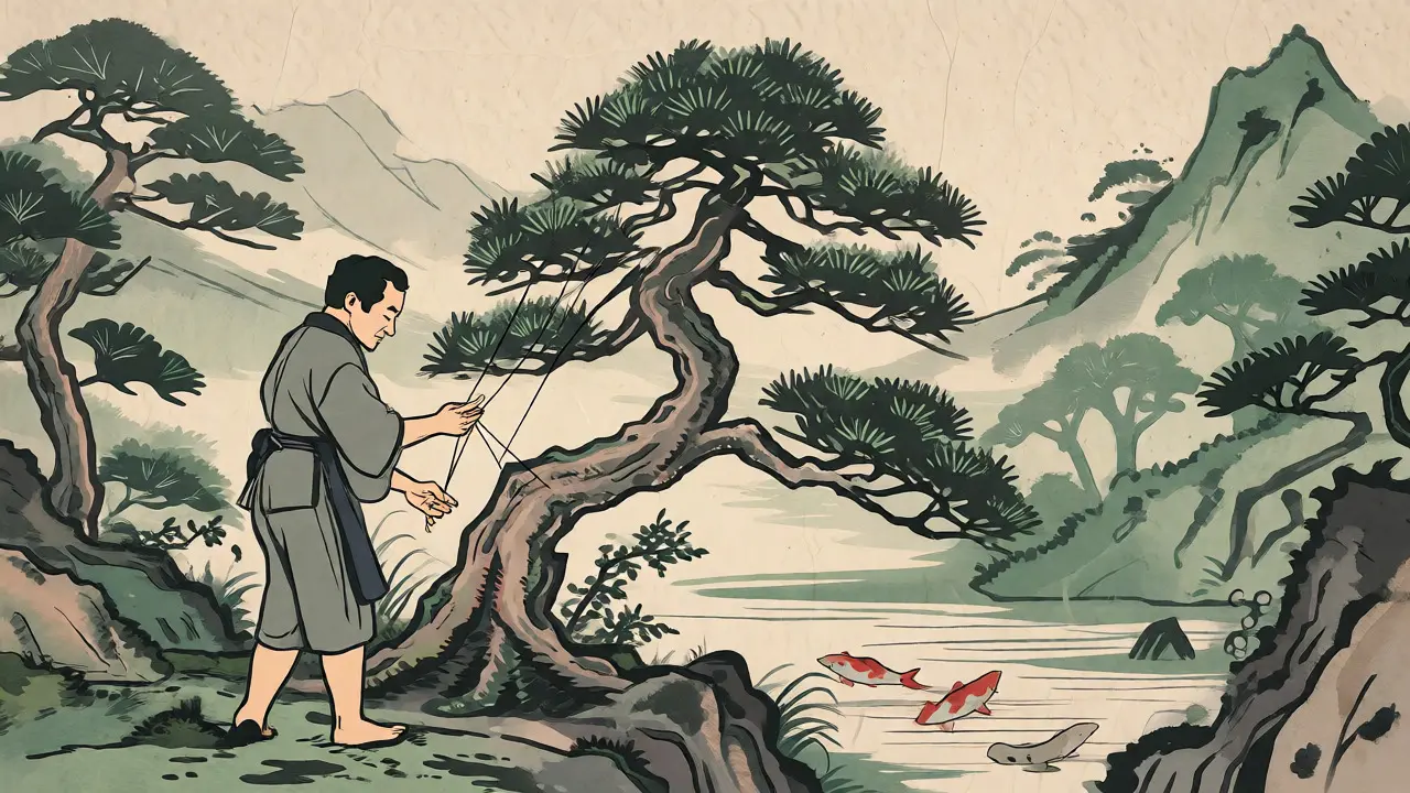 Zahradník pečující o bonsaj jako metafora podpory změny v ukiyo-e ilustraci